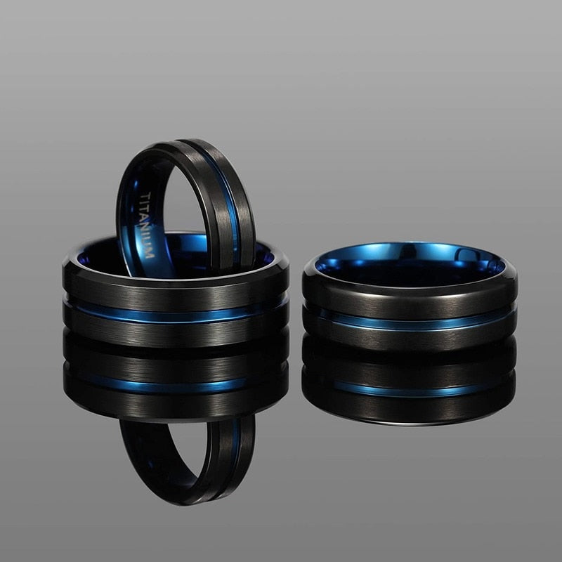10mm Black & Blue Centre Groove Matte Titanium Unisex Rings