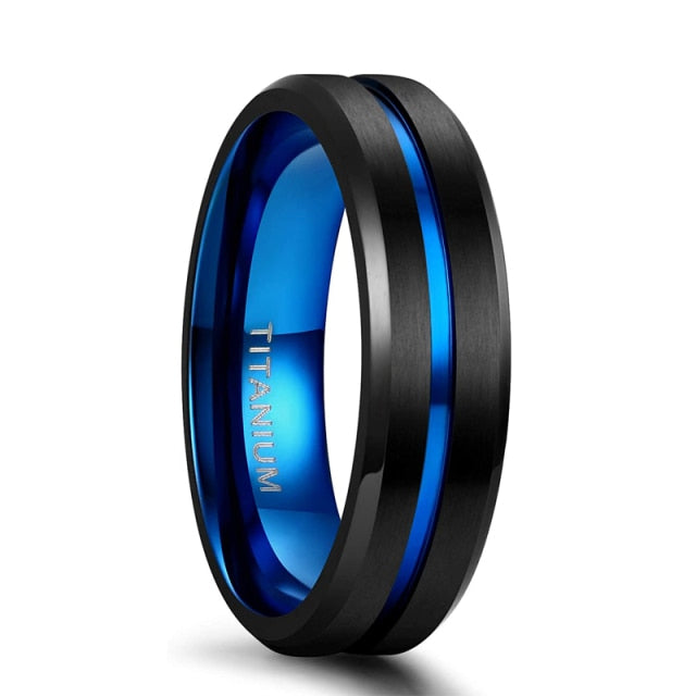 6mm Black & Blue Centre Groove Matte Titanium Unisex Rings