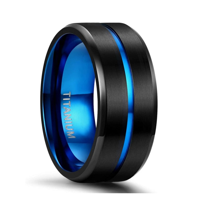 10mm Black & Blue Centre Groove Matte Titanium Unisex Rings