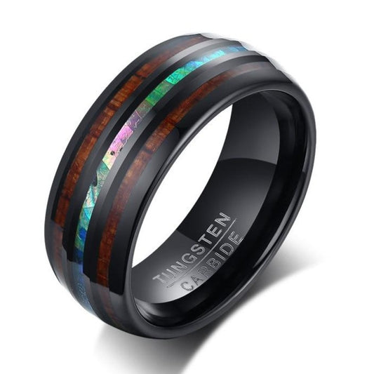 8mm Abalone Shell & Wood Inlay Tungsten Mens Ring
