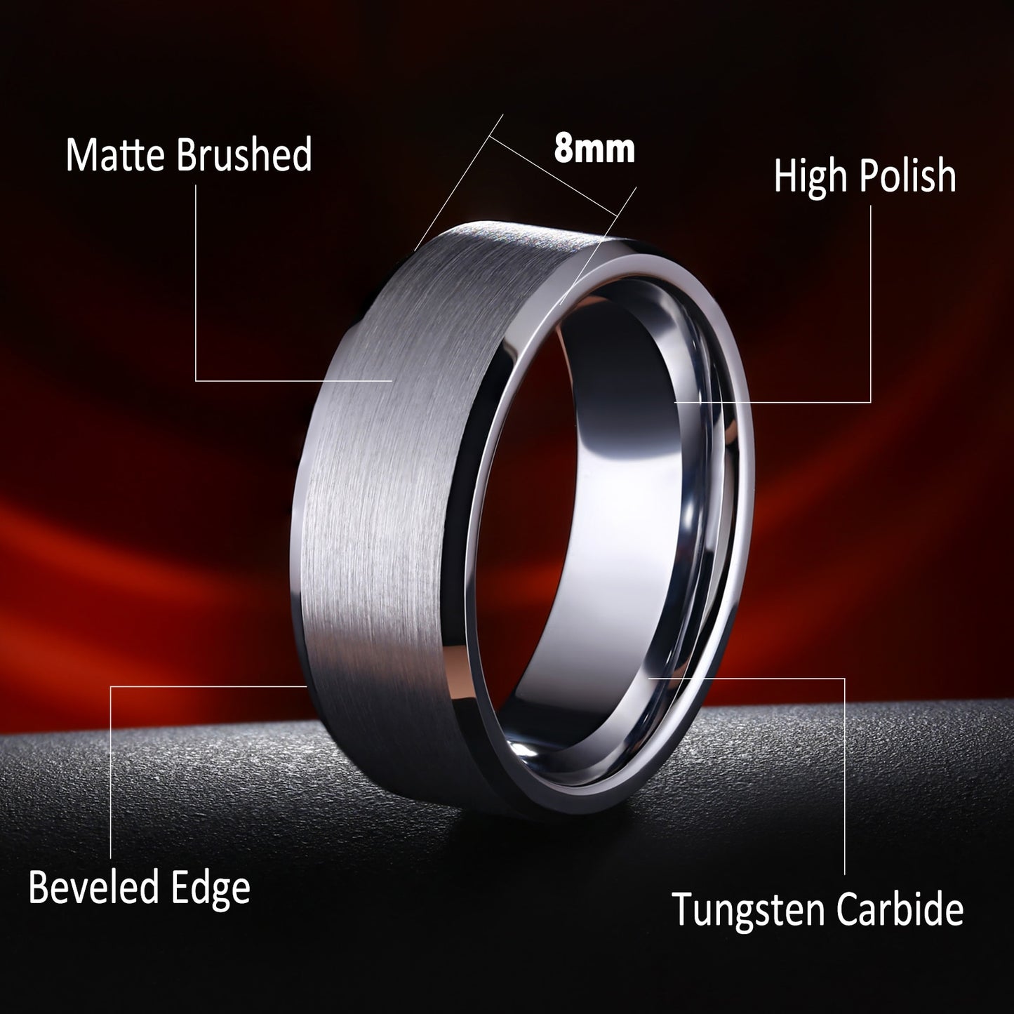 8mm Matte Brushed Silver Tungsten Mens Ring