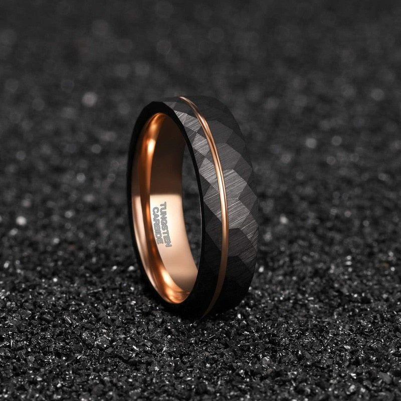 6mm or 8mm Rose Gold Inlay & Black Hammered Unisex Ring