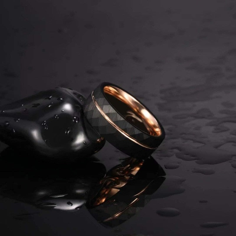 6mm or 8mm Rose Gold Inlay & Black Hammered Unisex Ring