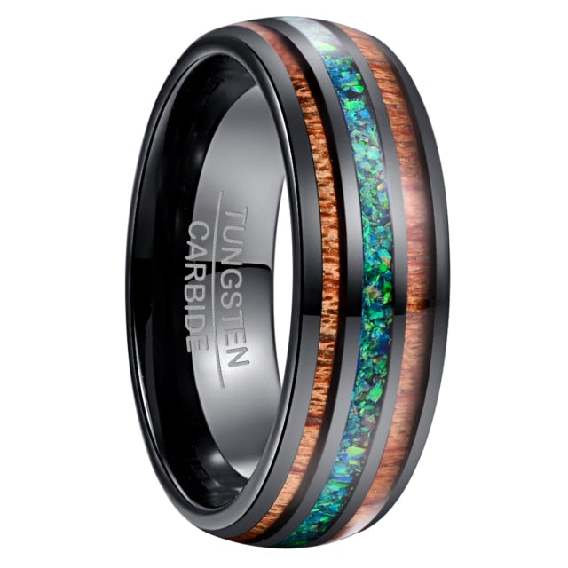 8mm Natural Acacia Wood & Green Opal Tungsten Unisex Ring