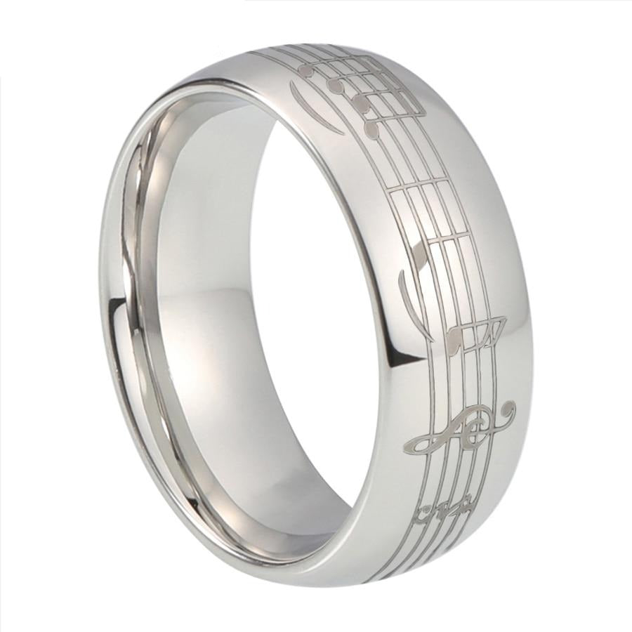 6mm or 8mm Piano Five-Line Note Music Silver Tungsten Unisex Ring