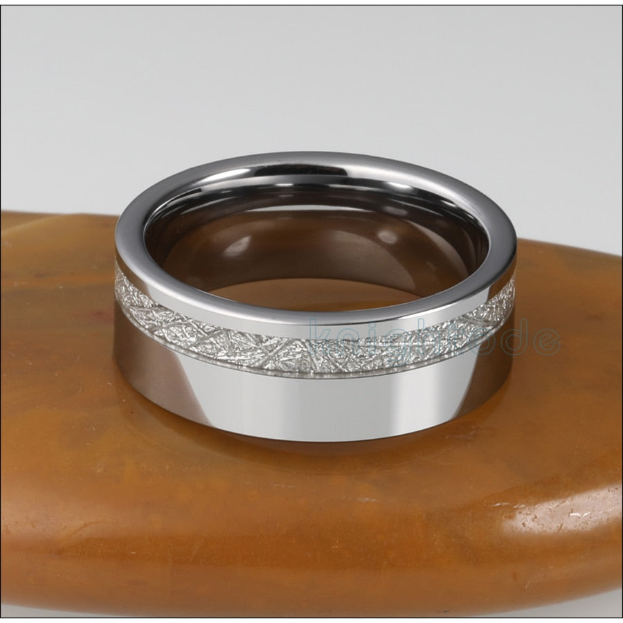 8mm White Meteorite Inlay Unisex Tungsten Ring