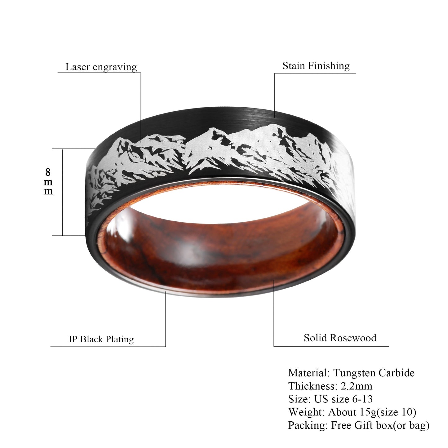 8mm Mountains Black Tungsten & Rosewood Unisex Ring