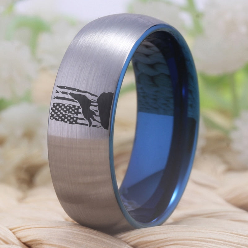 American Flag & Howling Wolf USA Patriotic Tungsten Mens Ring