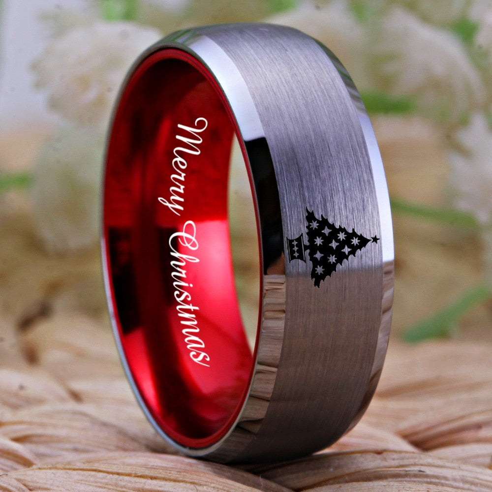 Christmas Tree With Merry Christmas Engraving Tungsten Unisex Ring (Green or Red Colors)