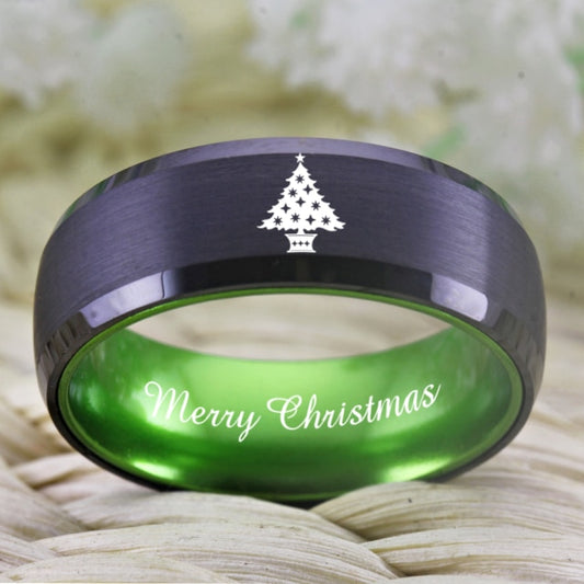 Christmas Tree With Merry Christmas Engraving Tungsten Unisex Ring (Green or Red Colors)