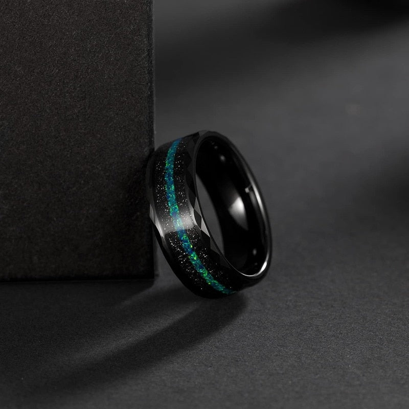 8mm Multi-Faceted Edge with Black Sand & Green-Blue Opal Inlay Mens Ring