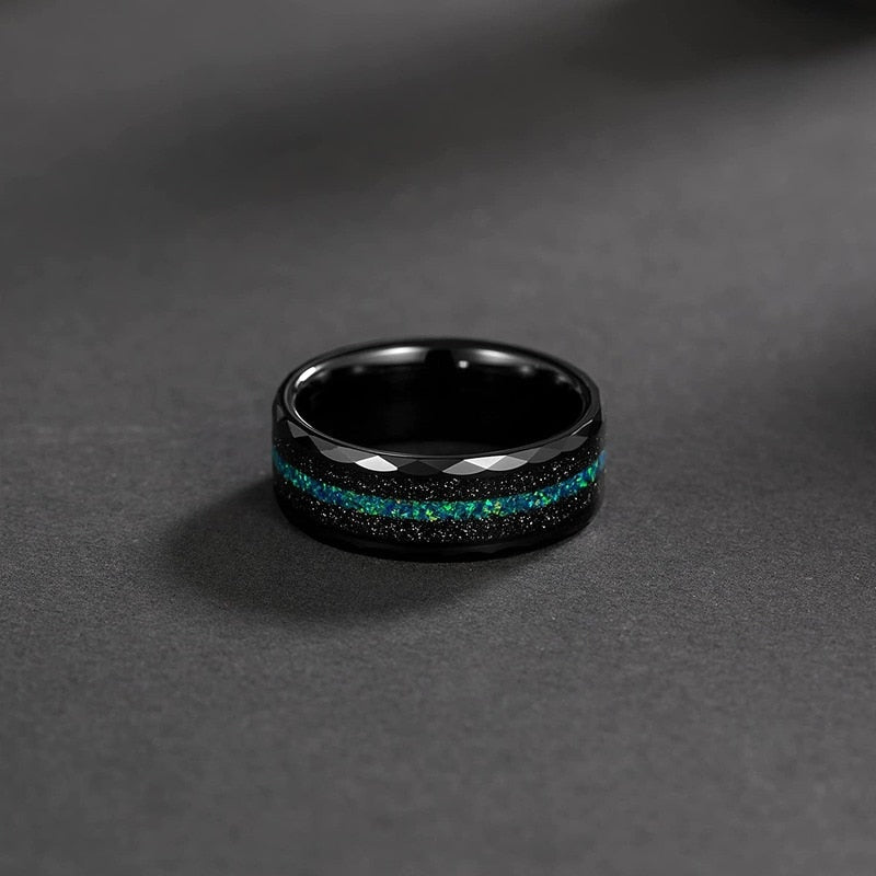 8mm Multi-Faceted Edge with Black Sand & Green-Blue Opal Inlay Mens Ring