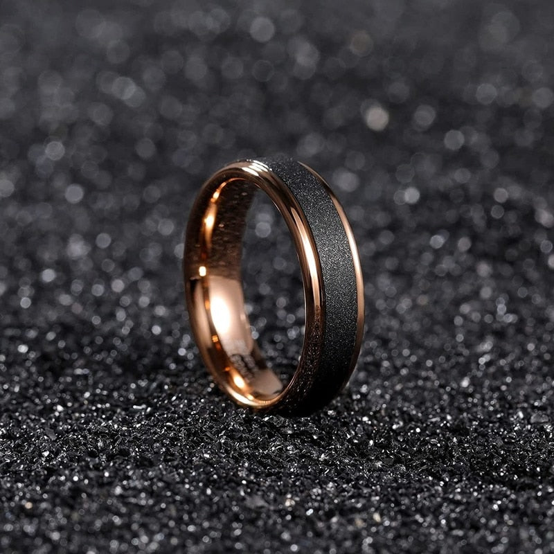 6mm & 8mm Sandstone Black & Rose Gold Tungsten Unisex Ring