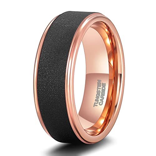 6mm & 8mm Sandstone Black & Rose Gold Tungsten Unisex Ring