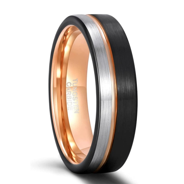 6mm or 8mm Rose Gold Inlay Black and Silver Brushed Tungsten Rings