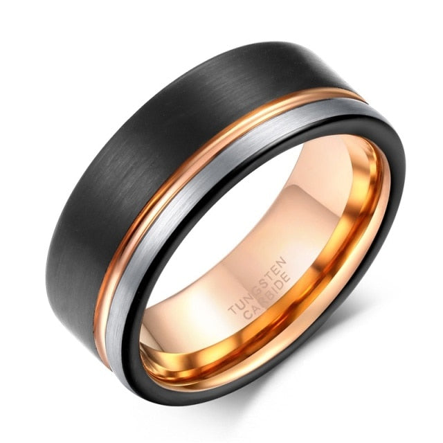 6mm or 8mm Rose Gold Inlay Black and Silver Brushed Tungsten Rings