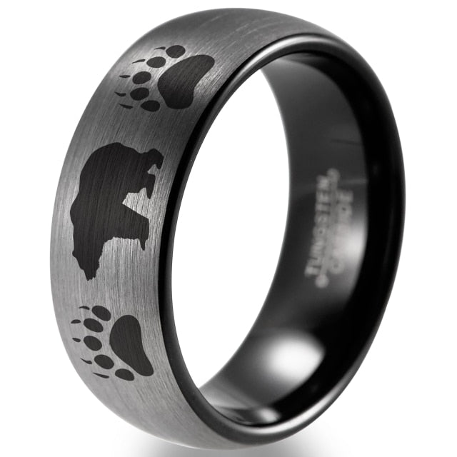 8mm Grizzly Bear & Paw Print Tungsten Unisex Ring (3 colors)
