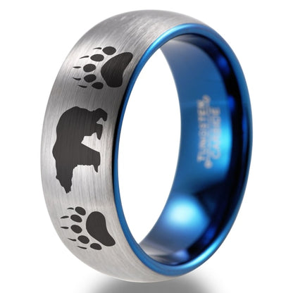8mm Grizzly Bear & Paw Print Tungsten Unisex Ring (3 colors)