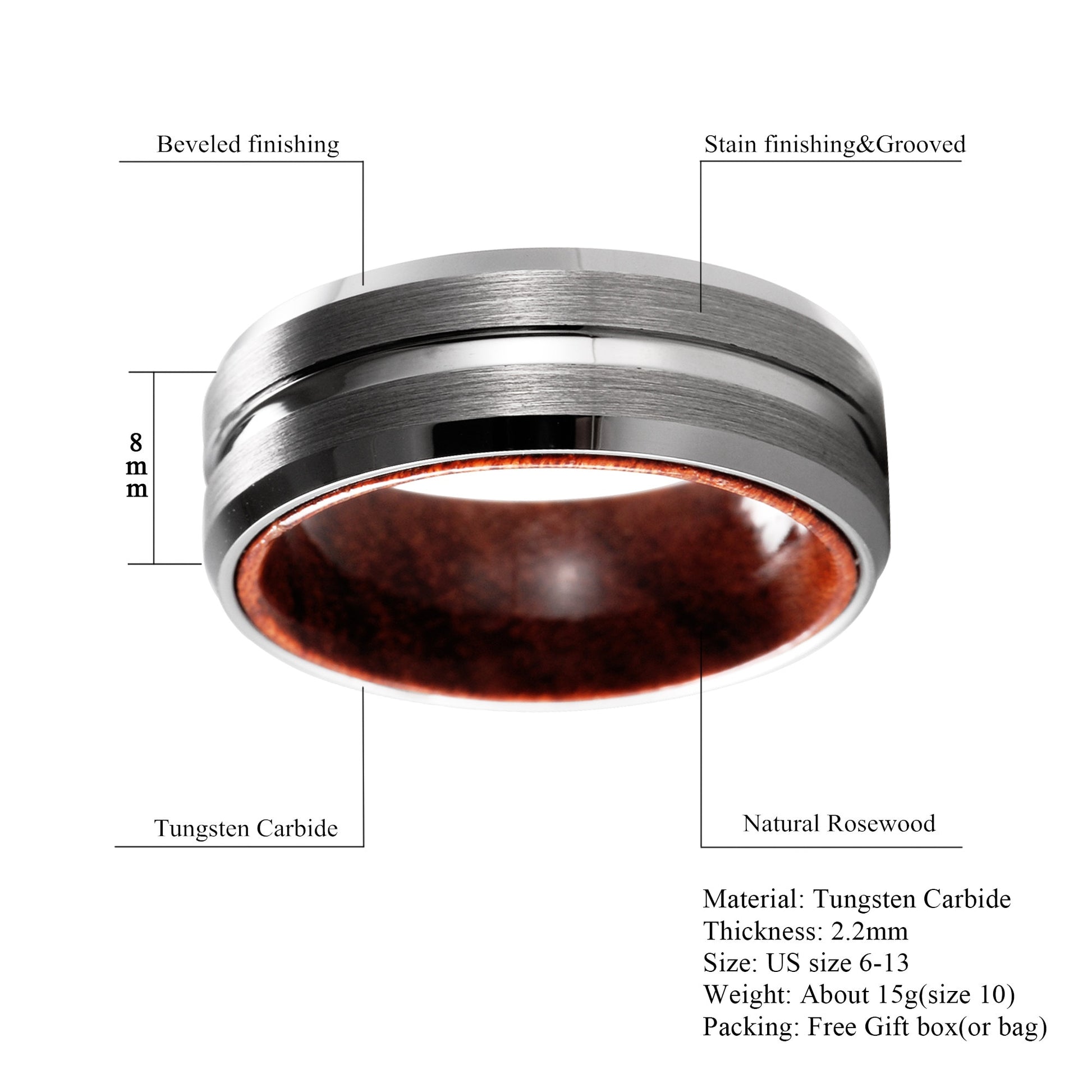 8mm Silver Inlay Tungsten & Barrel Wood Mens Ring