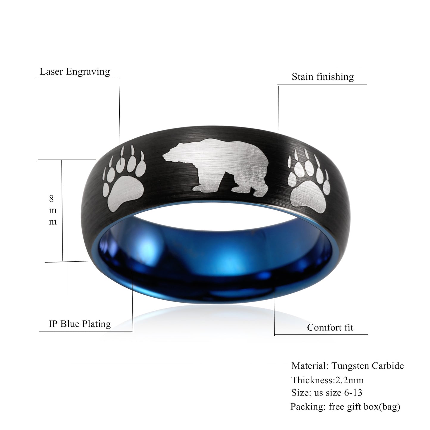 8mm Grizzly Bear & Paw Print Black Blue Tungsten Unisex Ring