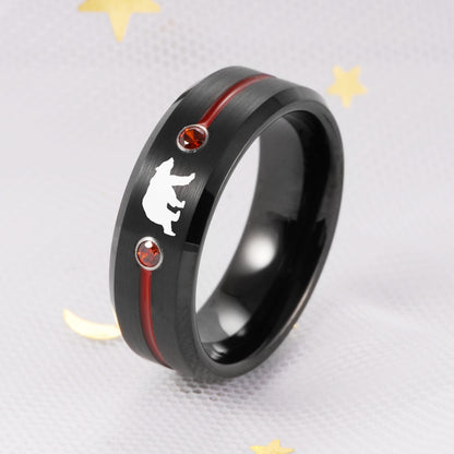 8mm Grizzly Bear Red Stones & Black Tungsten Unisex Ring