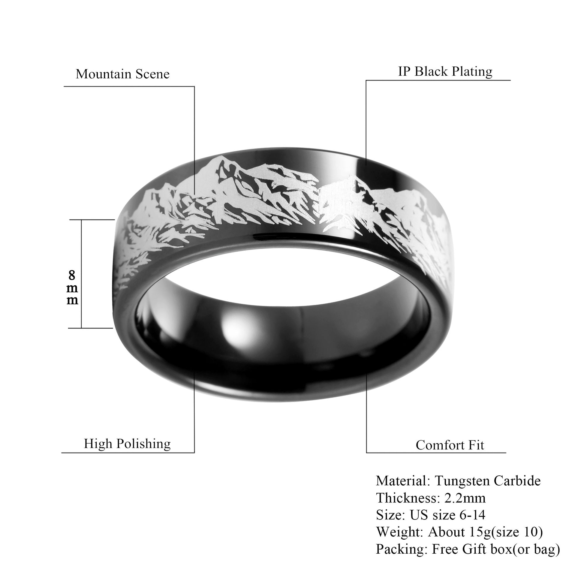 8mm Mountains Black Tungsten Unisex Ring