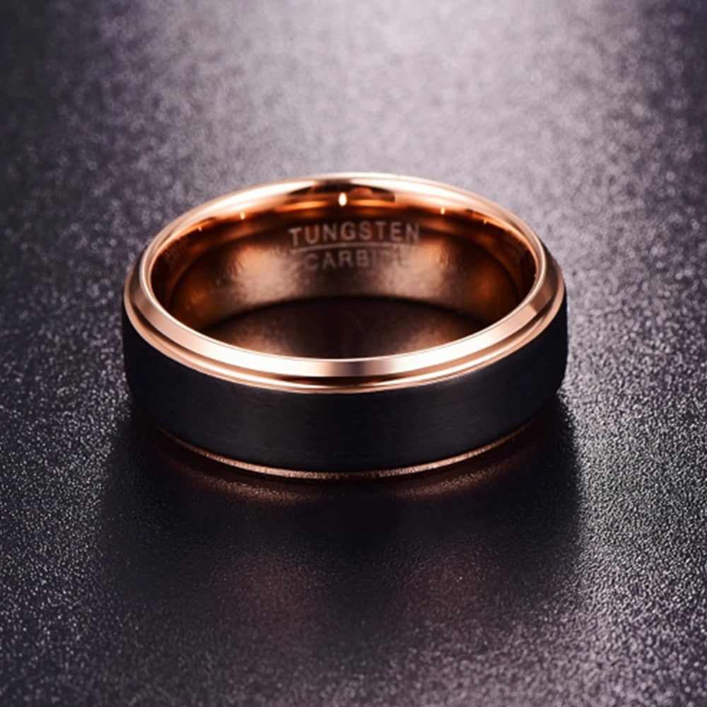 4mm, 6mm or 8mm Black and Rose Gold Tungsten Mens Ring