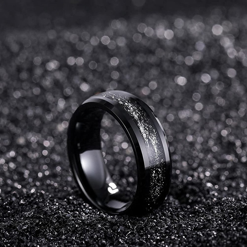 8mm Gold Foil or Silver Silk & Sandstone Inlay Black Tungsten Men's Ring