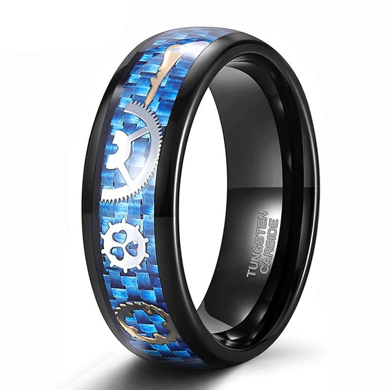 8mm Steampunk Gear Inlay Blue Carbon Fibre Unisex Ring