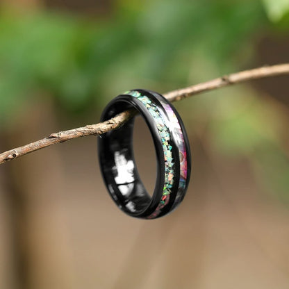 8mm Galaxy Opal & Abalone Shell Black Tungsten Unisex Ring