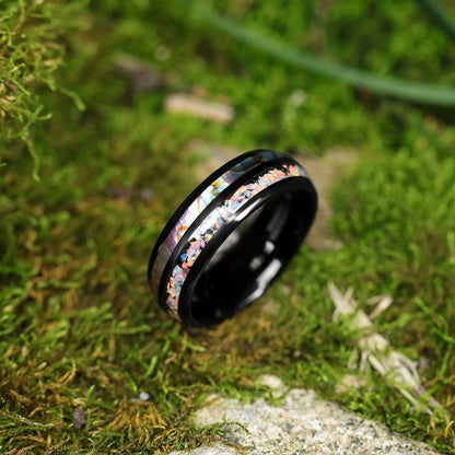 8mm Galaxy Opal & Abalone Shell Black Tungsten Unisex Ring