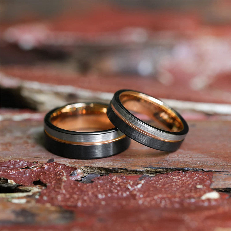6mm & 8mm Rose Gold Line Two Tone Unisex Rings