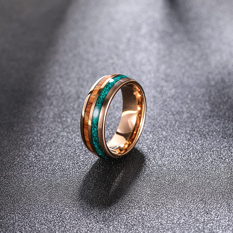 8mm Malachite & Wood Inlay Gold Color Tungsten Mens Ring