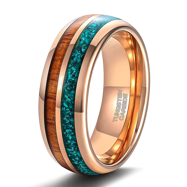 8mm Malachite & Wood Inlay Gold Color Tungsten Mens Ring