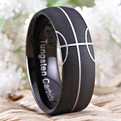 8mm Basketball Court Sports Game Black Tungsten Mens Ring