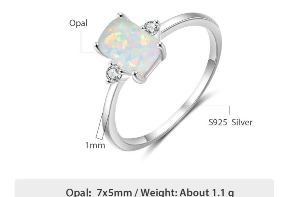 Rectangular Created White Opal With Zirconias Womens Ring