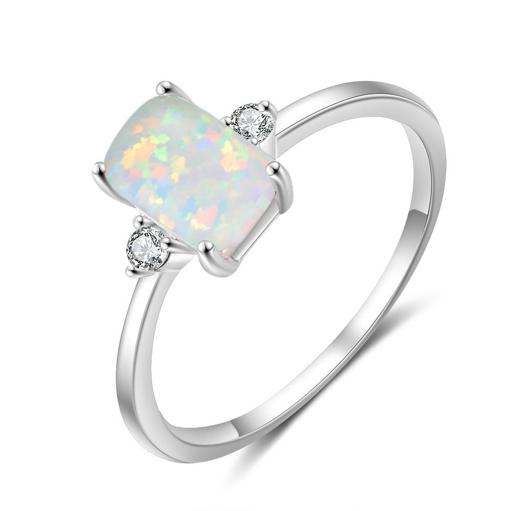 Rectangular Created White Opal With Zirconias Womens Ring