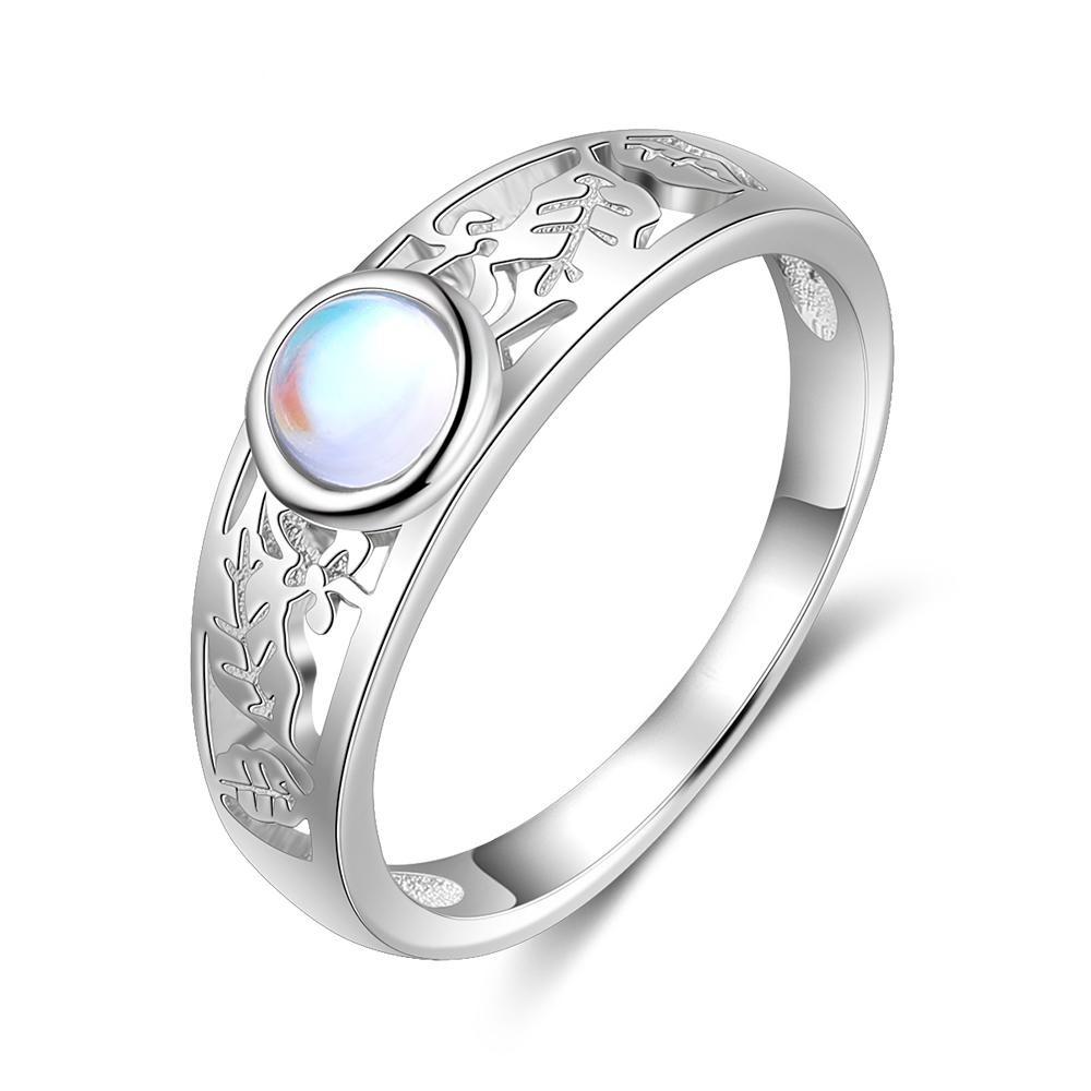 Round Moonstone With Leaf Design 925 Sterling Silver Womens Ring