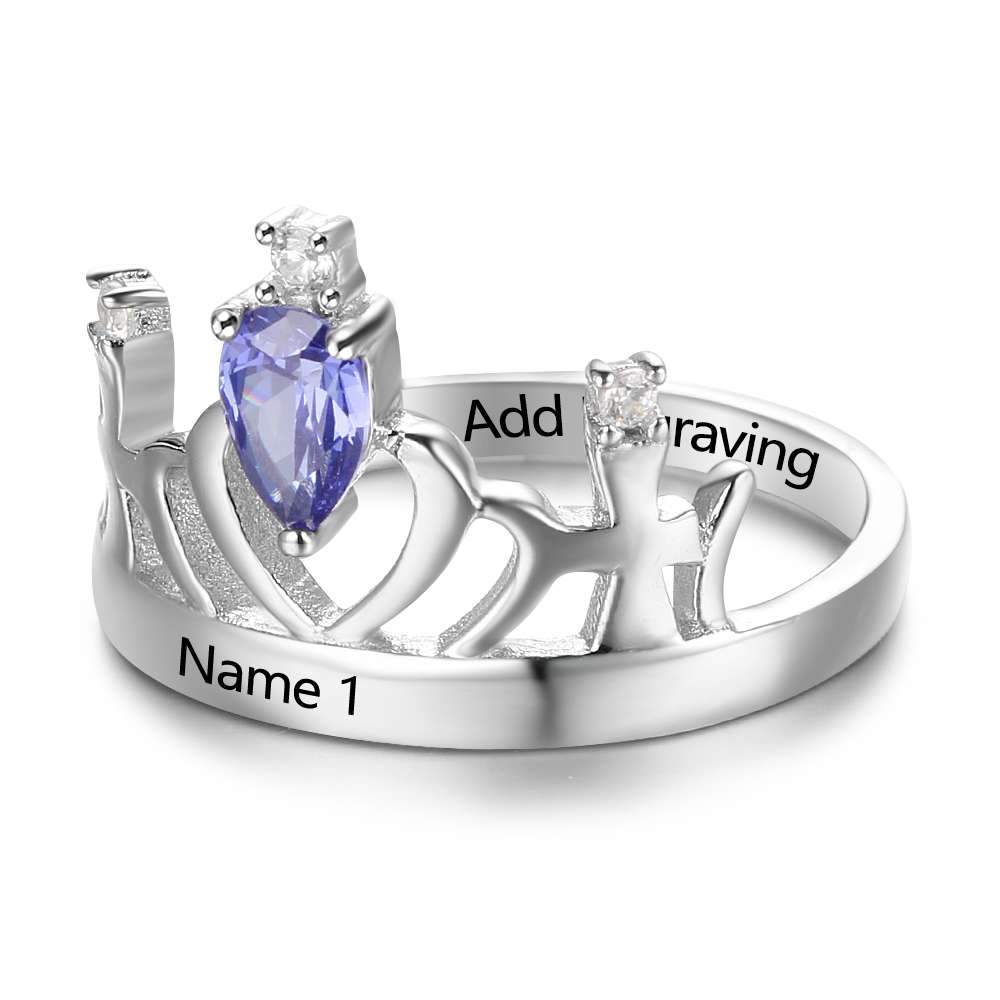 Royal Crown 925 Sterling Silver Womens Ring - 1 Birthstone & 2 Engravings