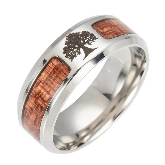 8mm Tree Of Life Wood & Stainless Steel Men's Ring
