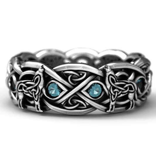 10mm Celtic Knot Wolf & Blue Stones Silver Unisex Ring
